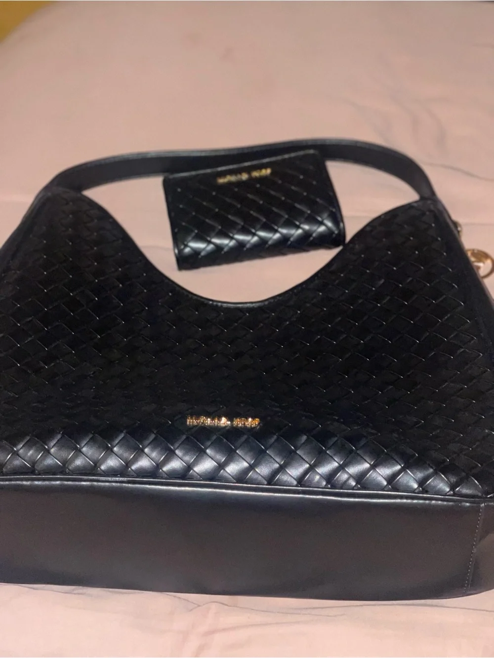 Michael Kors Black Woven Leather Shoulder Hobo with Matching Wallet
